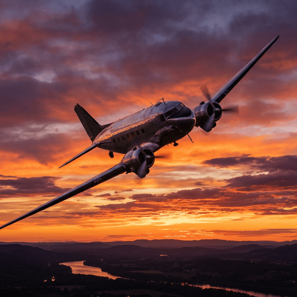Vintage twin-engine propeller plane banking in front of a dramatic orange sunset over a river.