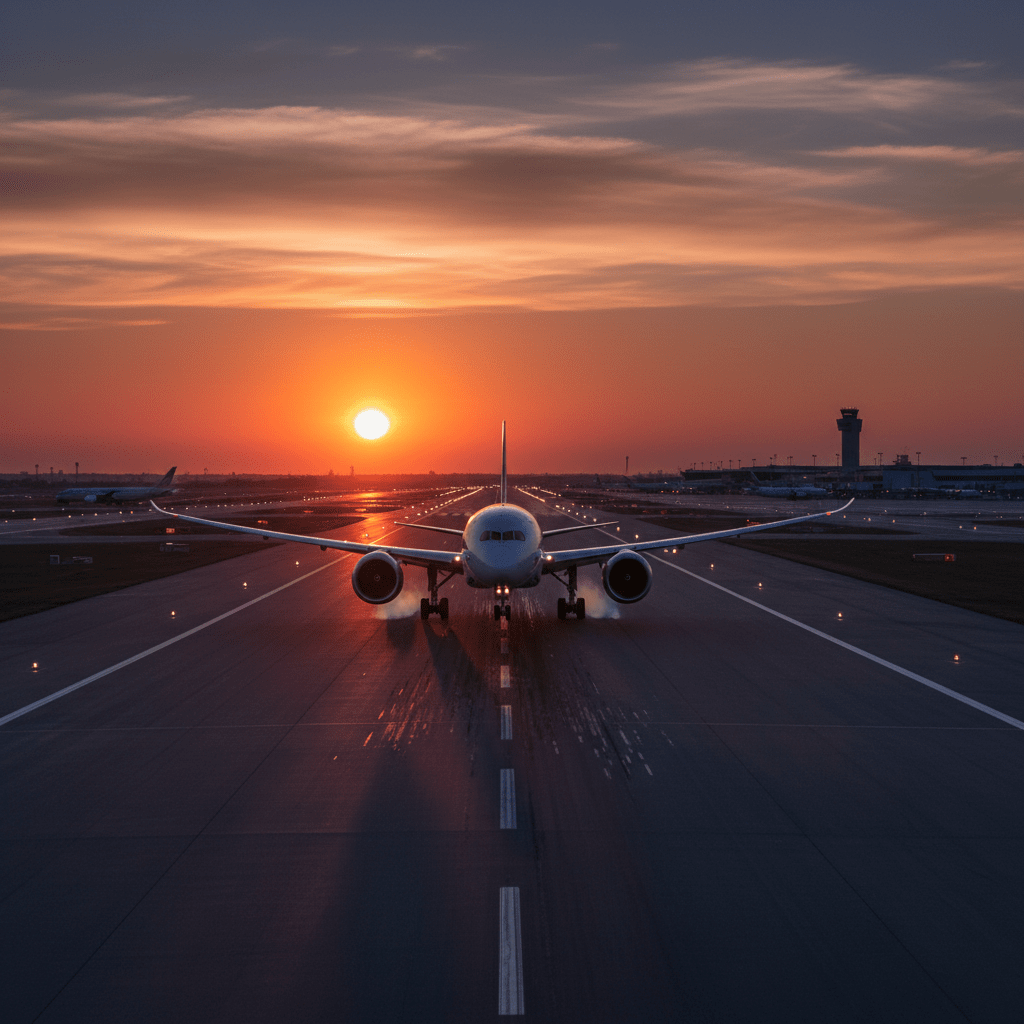 Passenger airplane landing on a runway during a vibrant sunset.