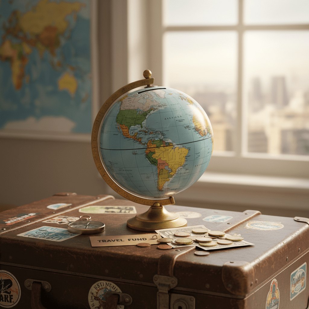 Globe bank on a vintage suitcase with coins, compass, and a Travel Fund tag.
