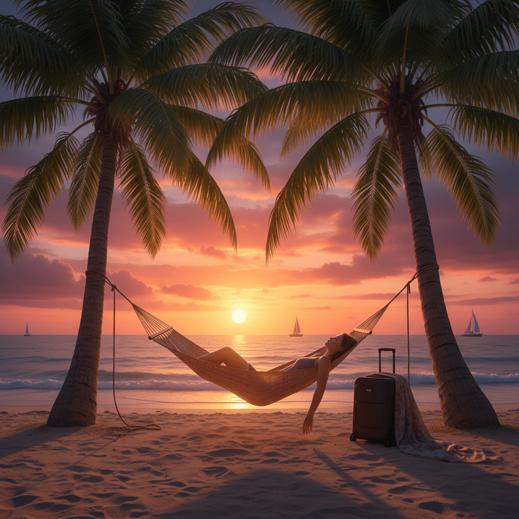 Woman resting in a hammock on a tropical beach at sunset with sailboats in the distance.