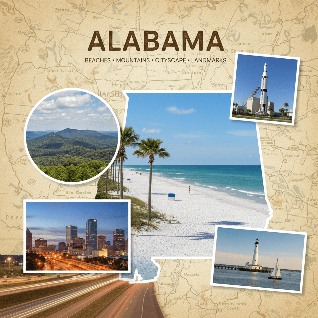 Collage with text ALABAMA BEACHES • MOUNTAINS • CITYSCAPE • LANDMARKS showing various state scenery.