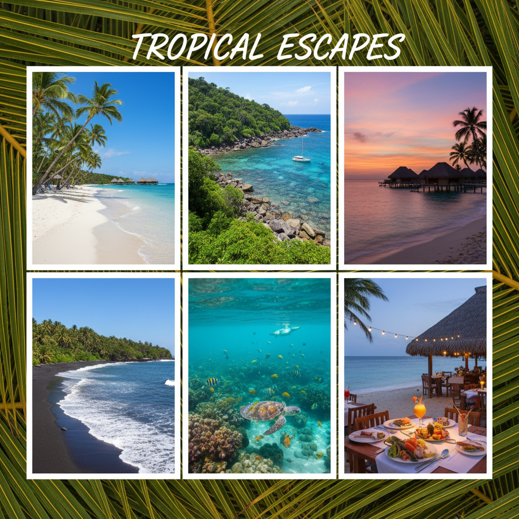 TROPICAL ESCAPES collage featuring white and black sand beaches, coral reefs, and seaside dining.